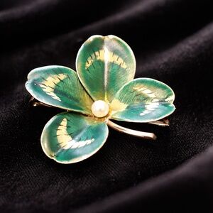 Antique Krementz 14Kt Gold Enamel Clover Pendant Brooch, Seed Pearl Center